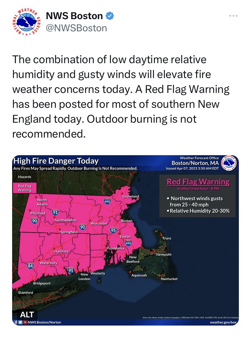 PaxtonFireDept's tweet photo. No open burning allowed today in Paxton, 4/7/2023.@NWSBoston #redflagday #brushfireseason #paxton https://t.co/726rc1oDWU