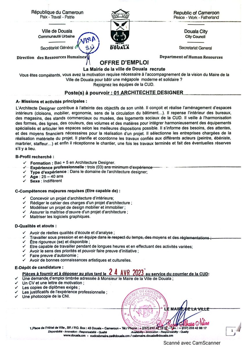 La Mairie de Douala recrute: Architecte Designer