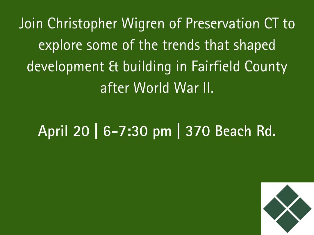 Join Christopher Wigren of @PreservationCT at the Fairfield Museum on 4/20 for the second part of our Spring Speaker Series. Wigren will explore some of the trends that shaped development & buildings in Fairfield County after World War II. bit.ly/41pJHQW