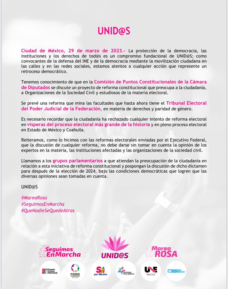 Respetuoso mensaje a los dirigentes de los partidos políticos:

<a href="/MarkoCortes/">Marko Cortés</a>-PAN
<a href="/Jesus_ZambranoG/">Jesús Zambrano</a>-PRD
<a href="/alitomorenoc/">Alejandro Moreno</a>-PRI

Los firmantes abajo, nos permitimos por este conducto hacerle llegar nuestro rechazo respecto de las propuestas que se tienen para modificar la gobernanza del