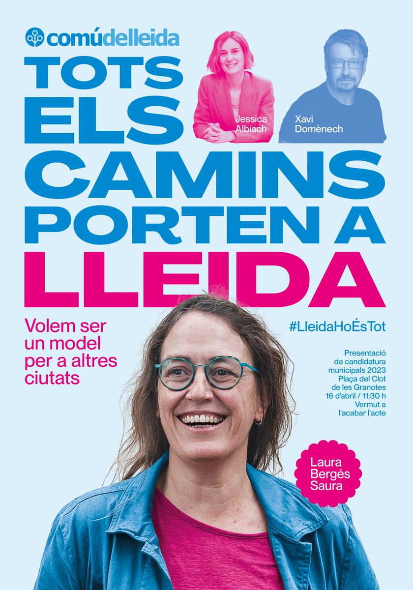 comudelleida's tweet photo. 👋16 D'ABRIL

Participeu amb nosaltres al carrer per conèixer als candidats i candidates del Comúdelleida i les seves propostes

Ens acompanyaran la Jèssica Albiach i el Xavi Domènech junt amb Laura Bergés

🥂Després farem un vermut totes juntes, US HI ESPEREM https://t.co/pHiU0244VW