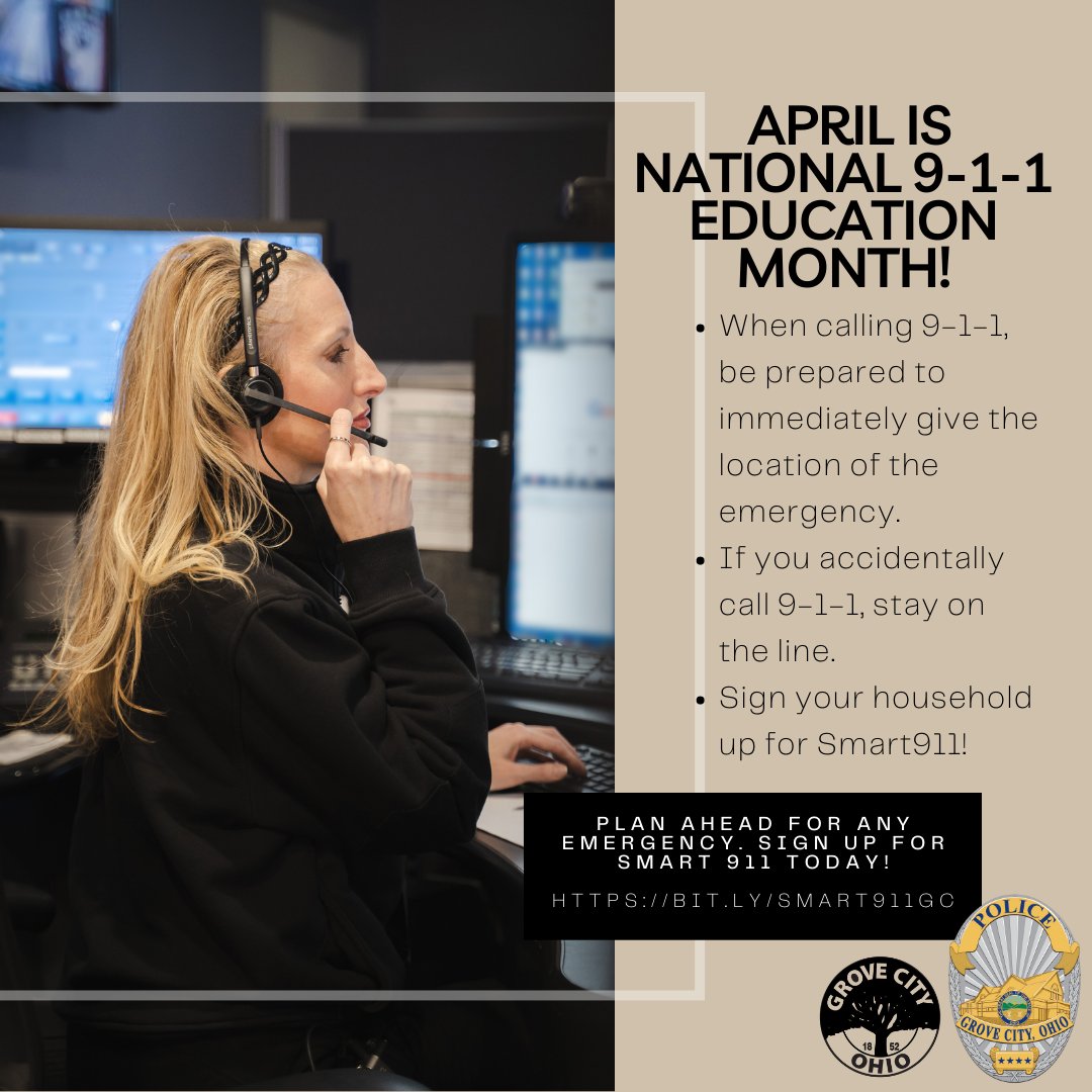 April is National 9-1-1 Education Month. Visit bit.ly/Smart911GC to sign up for Smart 9-1-1 today! #grovecityohio