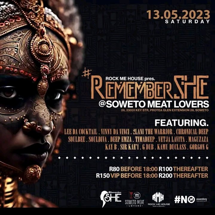 SATURDAY 13 MAY 2023

📍Soweto Meat Lovers In Protea Glen Extension 28

ON THE DECKS : <a href="/VinnyDaVinci/">Vinny Da Vinci</a> , 2LANI The Warrior 🤺 , <a href="/ChronicalDeep/">📍Hayi Baba OUT NOW! 🔥🚀</a> , @SoulDiva_DJ
 , <a href="/TimAdeep/">ＴＩＭ_ＮＯVΞＭ_KUＢＨΞKΛ</a> , Soulbee , Lee Da Cocktail &amp; Many More!

#RememberSHE
#WeLoveHouseMusic