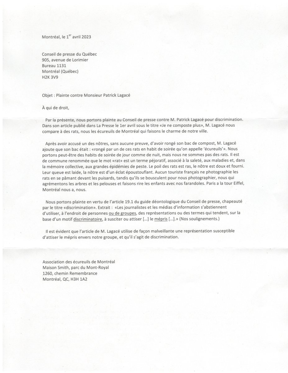 Nous avons reçu, par la poste au <a href="/Conseildepresse/">Conseil de presse du Québec</a>, ma plainte préférée de tous les temps, visant une chronique dans <a href="/LP_LaPresse/">La Presse</a>. Qu'as-tu à répondre, <a href="/kick1972/">Patrick Lagacé</a>, à cet écureuil qui se plaint de discrimination (et qui aime les poissons d'avril)? 😂