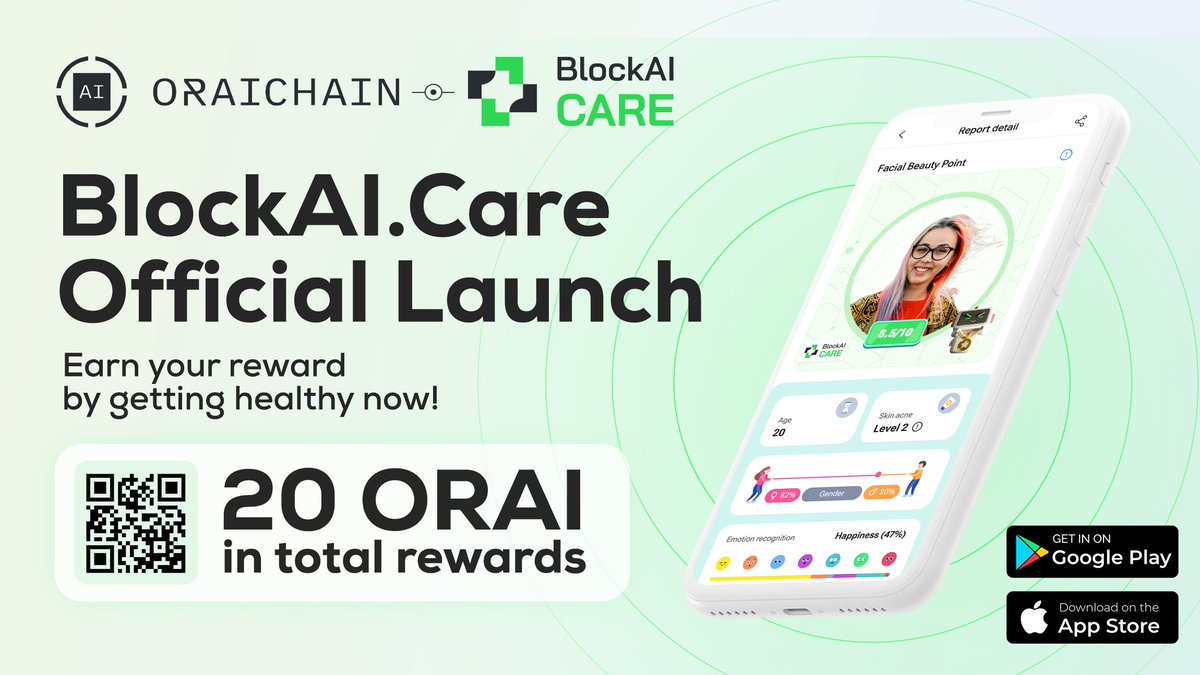 🎉 BlockAI.Care is officially launched today on both Apple Store and Google Play store!

We are giving away 20 ORAI in total rewards for 20 lucky users sharing their test result on Twitter.

❓Learn more now at t.me/blockaicare