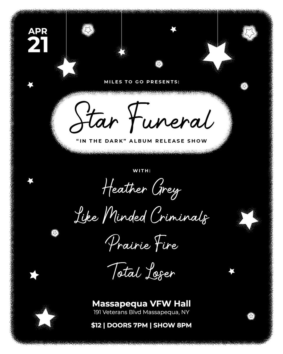 2 WEEKS AWAY! LONG ISLAND, NY !!! THE "IN THE DARK" RECORD RELEASE SHOW IS HAPPENING SOON, ON FRIDAY, APRIL 21ST WITH MY BFFS 💫 <a href="/heathergreynj/">HEATHER GREY</a> 
<a href="/lmcriminals/">LikeMindedCriminals</a> 
<a href="/prairiefireny/">Prairie Fire</a> 
#TotalLoser 
COME HANG WITH US! 💫
📷: <a href="/kicking_crosses/">Marissa</a>
💫 <a href="/cylsrecords/">Count Your Lucky Stars Records</a>