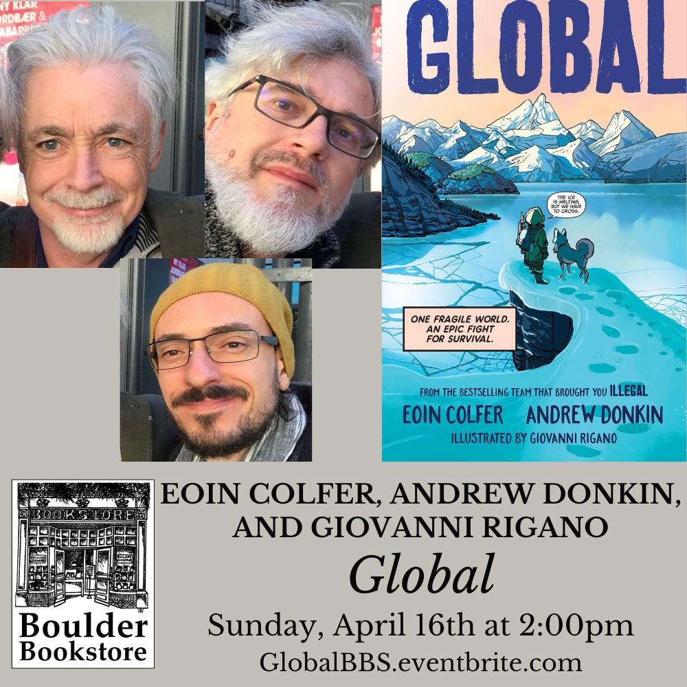 We've got an amazing event lined up on 4/16 with the entire team behind the upcoming @SourcebooksKids graphic novel, 'Global'! Come meet @EoinColfer, @AndrewDonkin, & @rigano_giovanni at 2pm next Sunday - register to attend at GlobalBBS.eventbrite.com
#GlobalGraphicNovel
