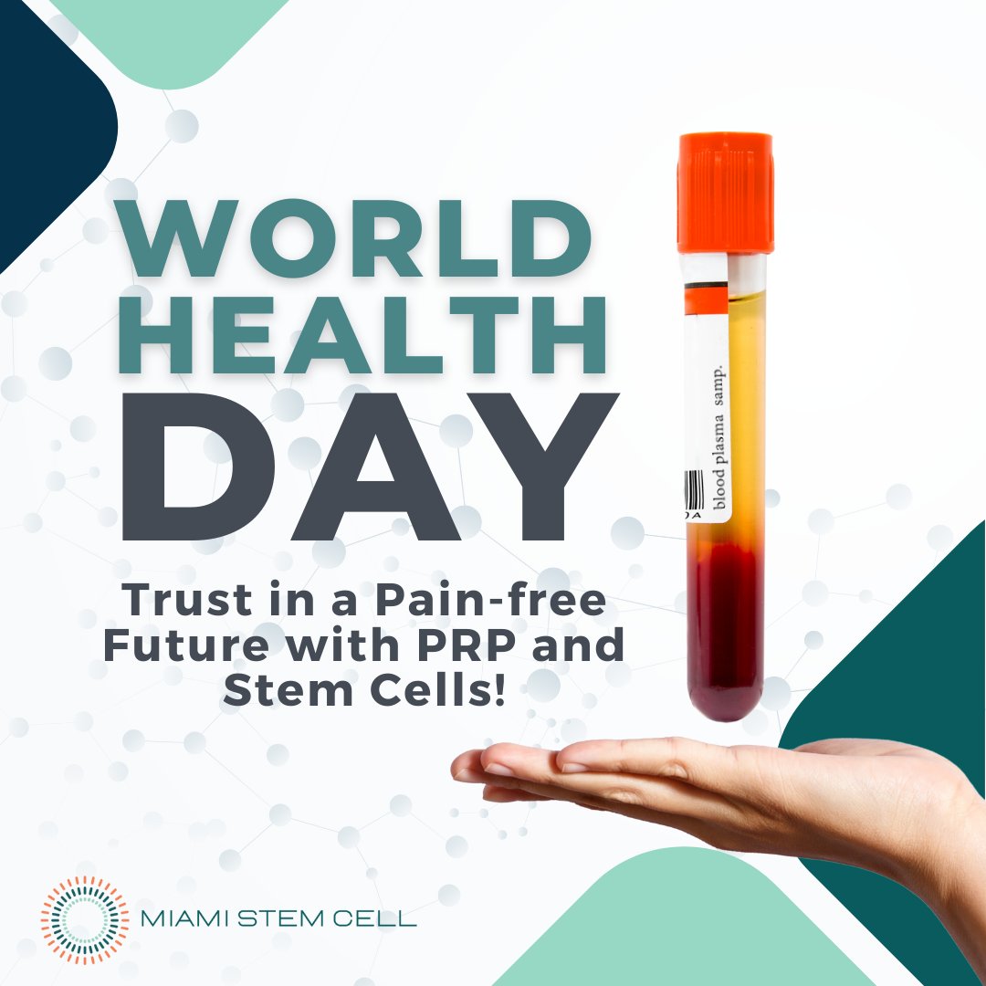 Miami_Stem_Cell's tweet photo. On World Health Day, Miami Stem Cell is proud to offer revolutionary regenerative therapies such as PRP and stem cells to help create a pain-free future for our patients. 

Schedule your free consultation here: 

https://t.co/5ln99yClkO  💪

 #florida #health #WorldHealthDay https://t.co/2ZX20OsaVt