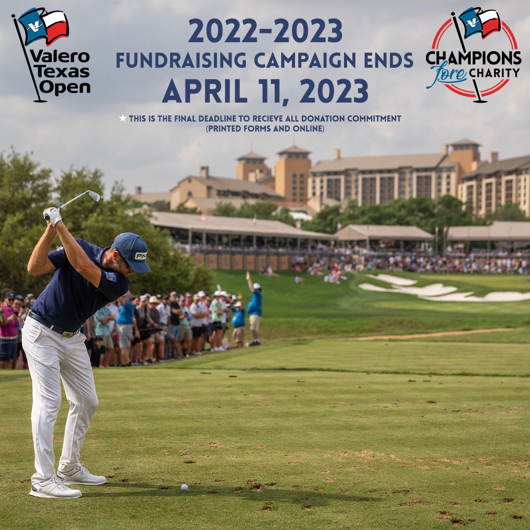 🚨FINAL DEADLINE ENDS 🚨

Donors have until April 11 to submit donations and previous donation commitments (printed forms and online).

So don't wait! Support your charity or organization of choice today by submitting your donation! 🤩

#ValeroTexasOpen #ChampionsforeCharity