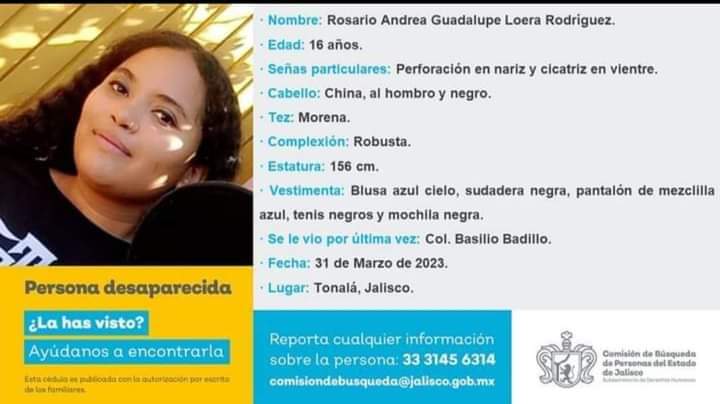 Trafico_ZMG's tweet photo. ¿Has visto a ROSARIO ANDREA GUADALUPE LOERA RODRIGUEZ? Cualquier información, contacta a las autoridades

#ServicioSocial https://t.co/tsnLeWlzlG