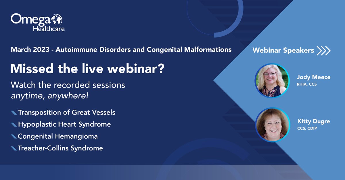 Omega_HMS's tweet image. Missed the live webinar on ‘March 2023 - Autoimmune Disorders and Congenital Malformations’ ? You can now stream the recorded session via our on-demand webinar initiative. Watch it here: bit.ly/41enx3n
#ondemandwebinar #autoimmunedisorders #codingwebinar