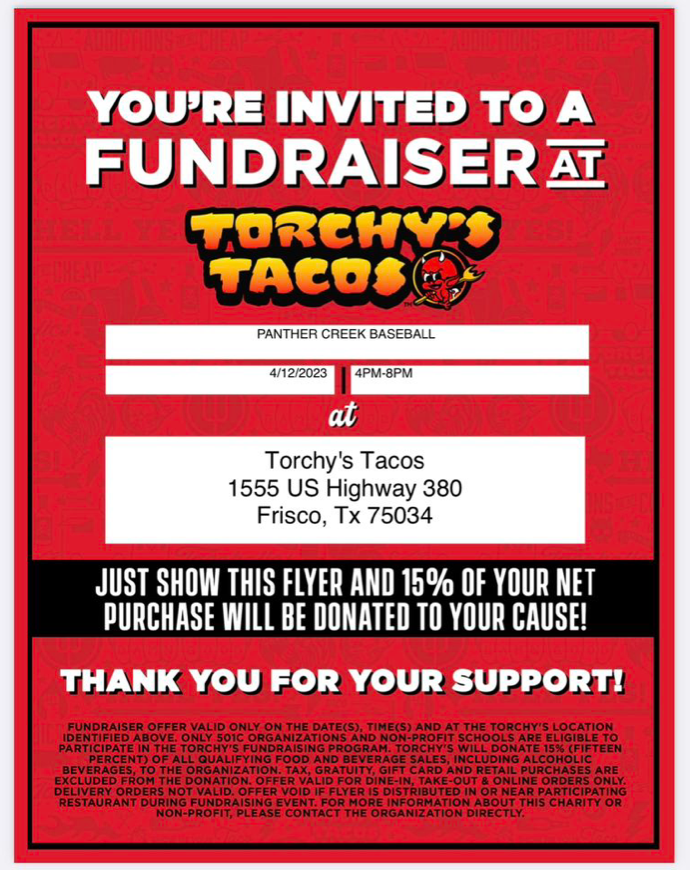 PantherCreekBsb's tweet photo. ⚾️ SPIRIT NIGHT ⚾️
📅 Wed 4/12
⏲️4-8pm
📍@torchystacos Hwy 380, Frisco https://t.co/fij3MWqLV7