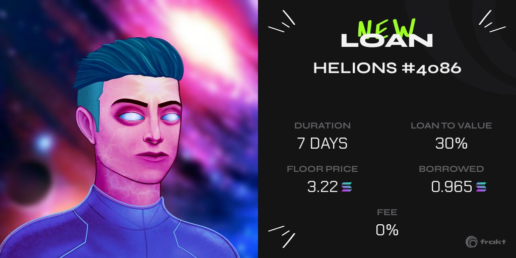 FRAKT_Updates's tweet image. Helions #4086 just felt that warm, fuzzy feeling inside when it was 30% collateralized to back a 0.965 SOL loan.