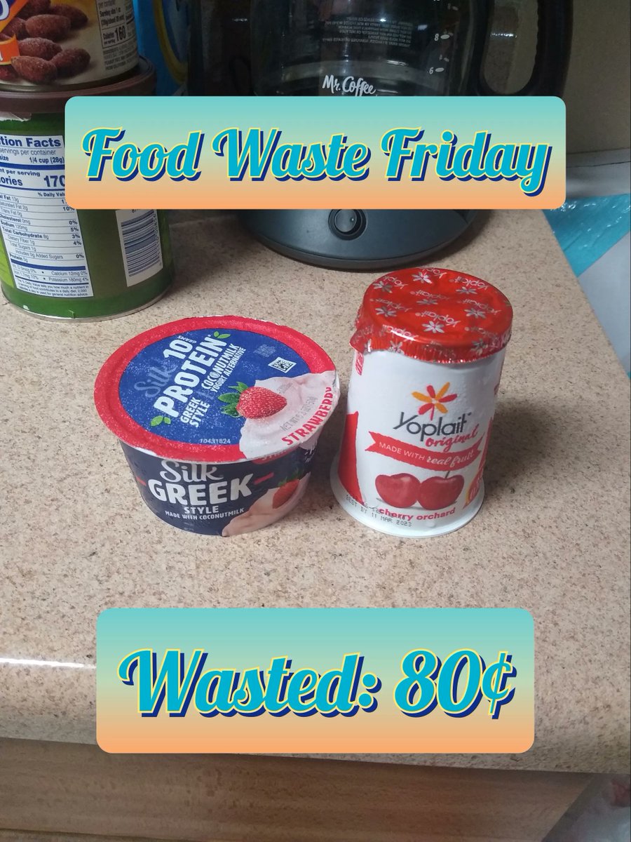 Didn't quite succeed at this week's #FoodWasteFriday challenge; two poor yogurts got lost at the back of the fridge. I got the Silk one for free, so only a loss of 80¢, but I hate the waste 😣

But, I reorganized the fridge so expiring food is up front! How did your week go?