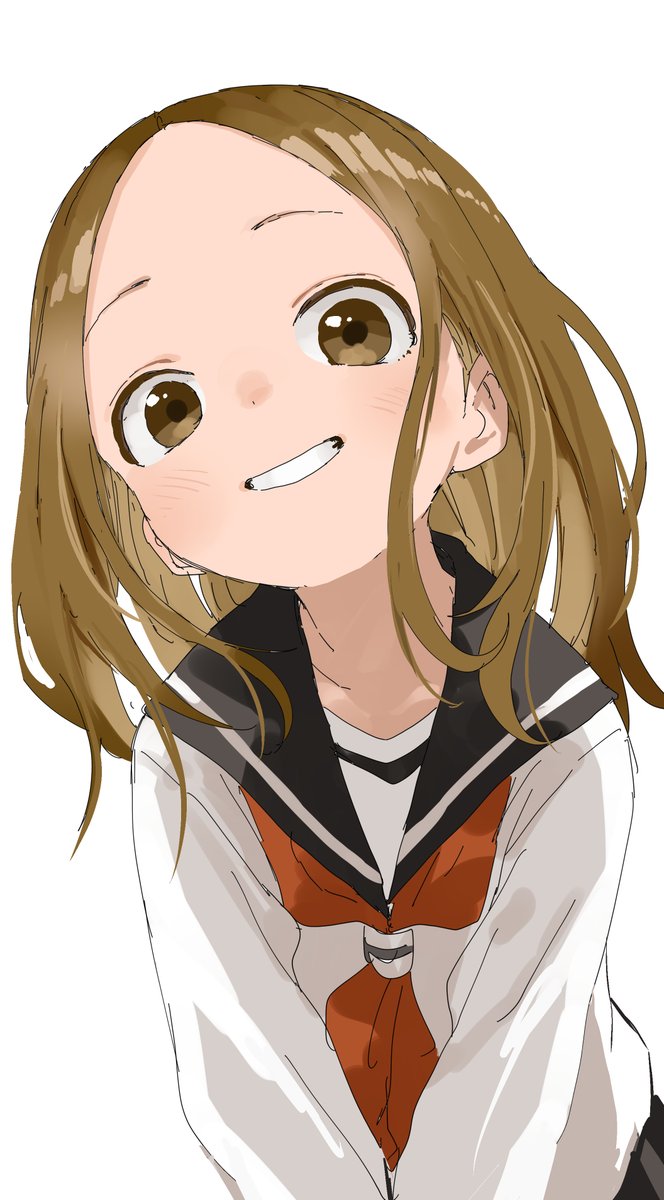 takagi-san 1girl solo brown hair brown eyes school uniform white background simple background  illustration images