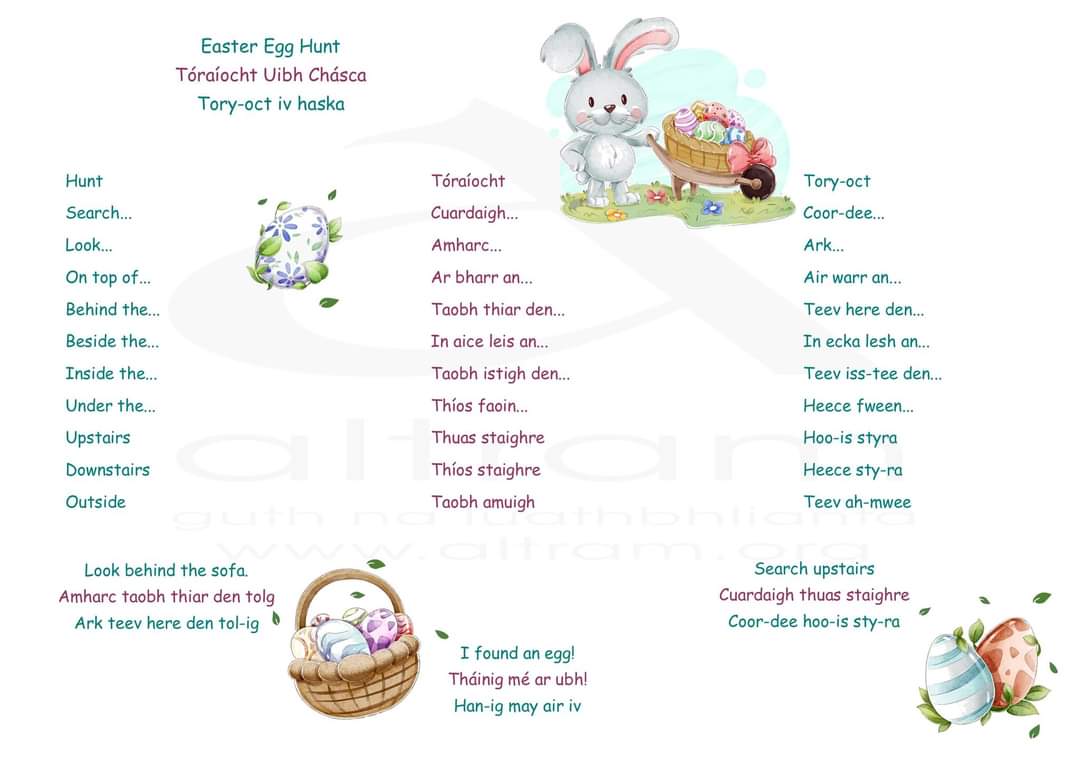 altram_org's tweet photo. 🐰🐥🥚Tóraíocht Uibh Chásca🥚🐥🐰Easter egg hunt

Here are some keywords and phrases you will find useful if you are planning on an Easter egg hunt. 

#AnCháisc #TóraíochtUibhChásca #Luathbhlianta 
#EasterFun #EarlyYears https://t.co/eWAe3xVIFb