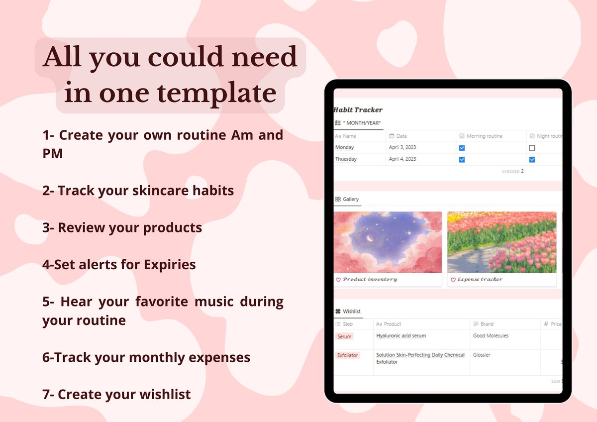 notionbee20's tweet image. 📍Skincare lovers, get organized with this FREE Notion template! 🙌

Create your own routine, track your habits and expenses, review your products, and set alerts for expiries. Plus, jam out to your favorite tunes during your routine! 

#skincare #Notiontemplate #notiontwt