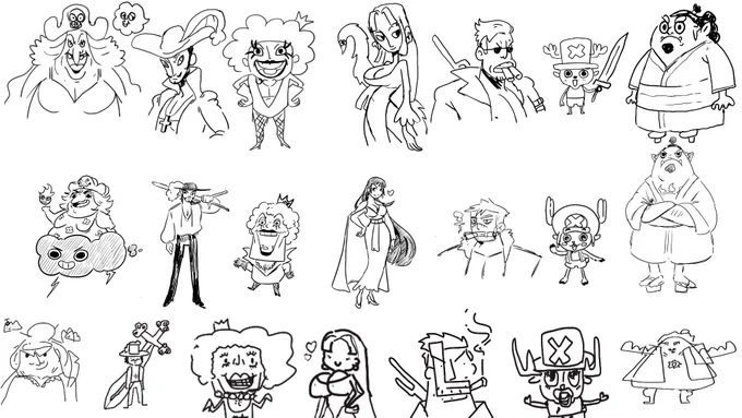 drew One Piece characters from memory along with @aardappelhater (Top row) and @Knitted_Bunny (Bottom row)~!!!

Never had so much fun <3 