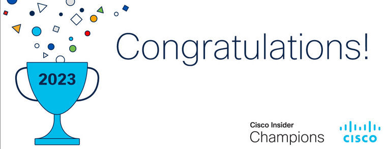 It's here. 🎉🥳The #Cisco Champions 2023 are out and I'm honoured to have been chosen.  

I'm very grateful to be part of such an amazing tech community with so many people I look up to, sharing ideas and discussing tech on a daily basis. Thanks to all the <a href="/CiscoChampion/">Cisco Insider Champion</a> team!