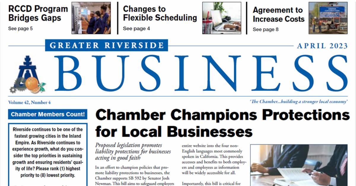 Hot Off the Presses, read April's Greater Riverside Business today! Chamber Champions Protections for Local Businesses; Leaders Honored for Service, Dedication to Growth' Chamber Advocates for Business-Friendly Approach to Downtown Parking &gt;&gt;&gt;https://cont
conta.cc/3zHdTu9