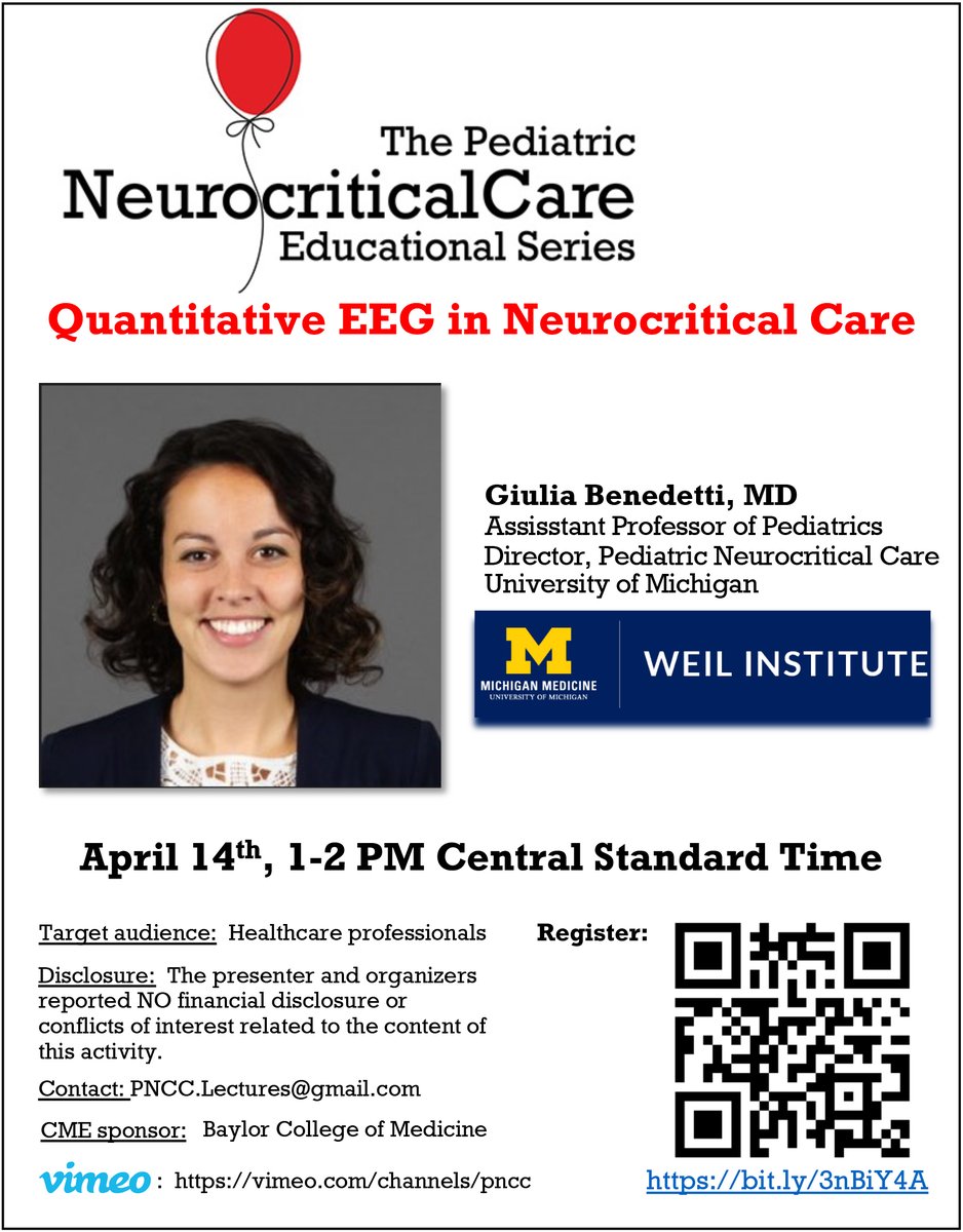 🌟Pediatric Neurocritical Care Education Series🌟 Reminder: Quantitative EEG use is 📈'ing in #NeuroPICU! Want to improve your reading skills? Mark your 🗓️ for qEEG expert @GiuliaBene16 Next Friday, April 14, 1-2pm CST Free Registration: bit.ly/3nBiY4A #PedsICU