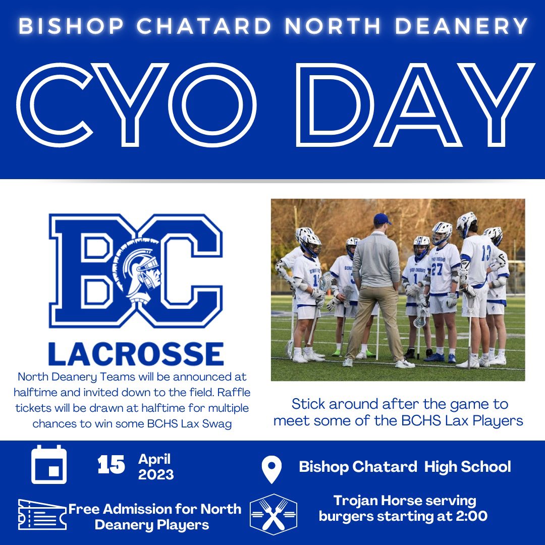 BchsEnrollment's tweet photo. North Deanery Lacrosse players, come check out the boy’s lax team April 15th at 2:00pm for a cookout, raffle, and a chance to meet the squad and coaches! https://t.co/gv830pg6mT