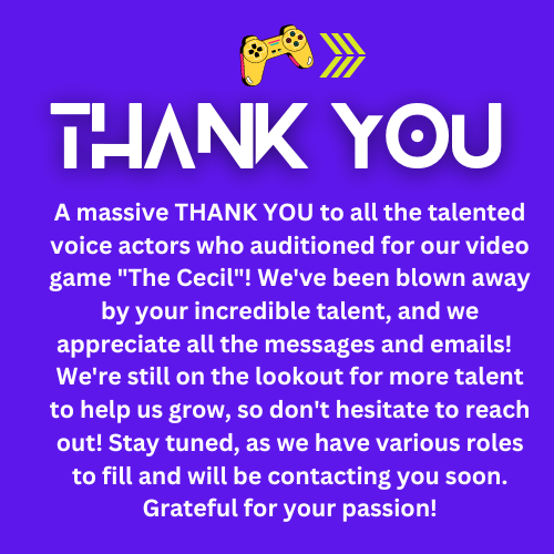 🎙️ Big thanks to all talented voice actors who auditioned for #TheCecil 🏨🎮! Your skills are phenomenal!🌟 #VoiceActing #GameDev #ThankYou #JoinTheTeam