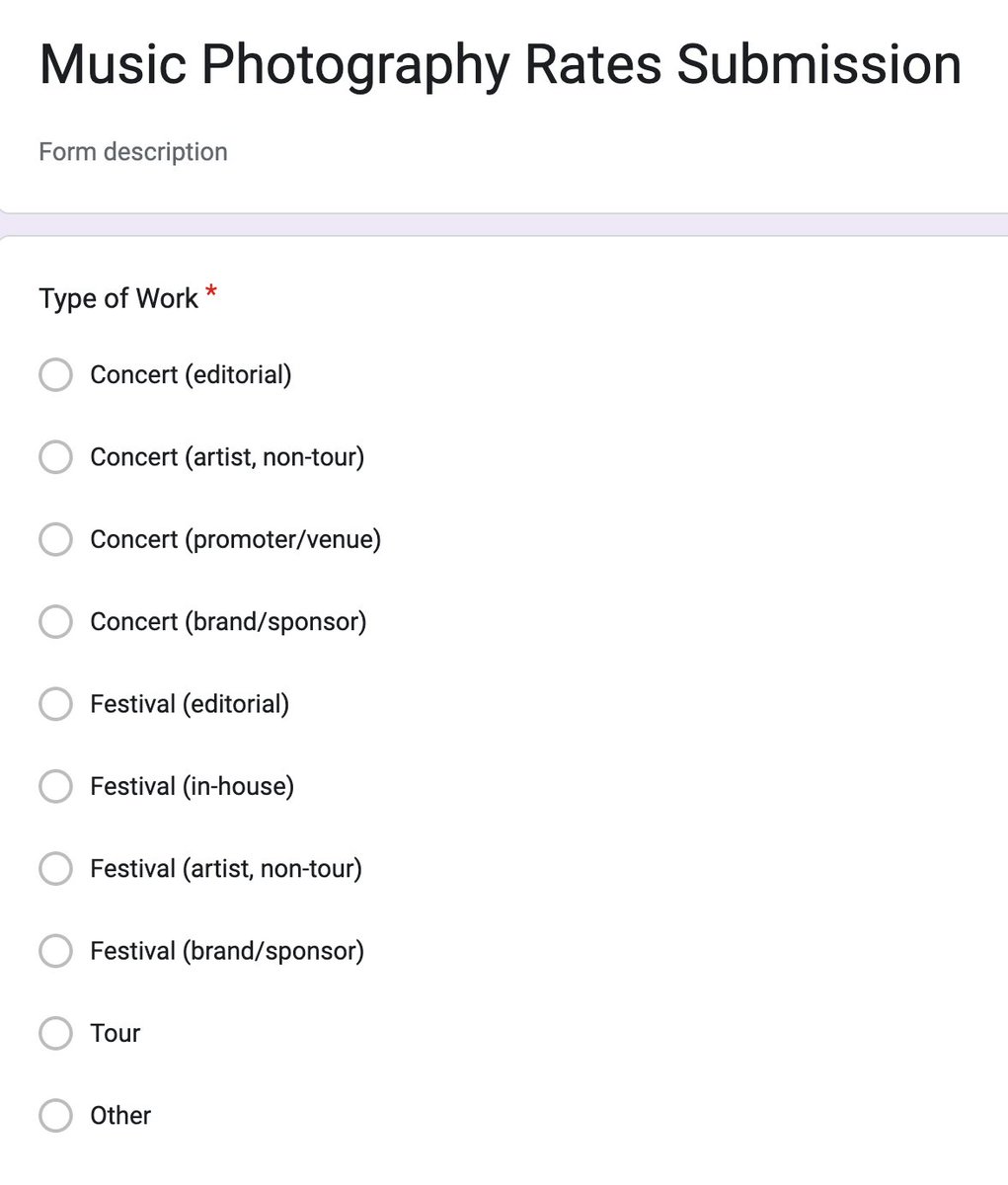 I'm creating a open Google form/sheet for music photography rates so that we as a community can have a transparent look at what publications, festivals, artists, promoters, venues etc are paying for music photography.