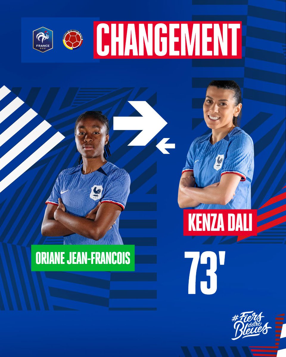 equipedefranceF's tweet photo. 🔄@Oriane_JF entre en jeu ! 

🇫🇷4-2🇨🇴| #FRACOL | #FiersdetreBleues https://t.co/DfRKob4aSM