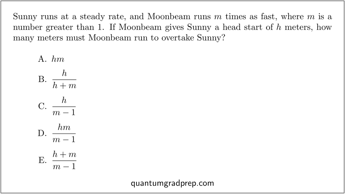 QuantumGradPrep's tweet photo. Try the following GRE quantitative reasoning question that tests your understanding of how to deal with distance-rate problems where one person needs to catch up with another person going at a slower rate. https://t.co/zW1P7LMDhz #gre #grequant https://t.co/htGL3RvQXQ