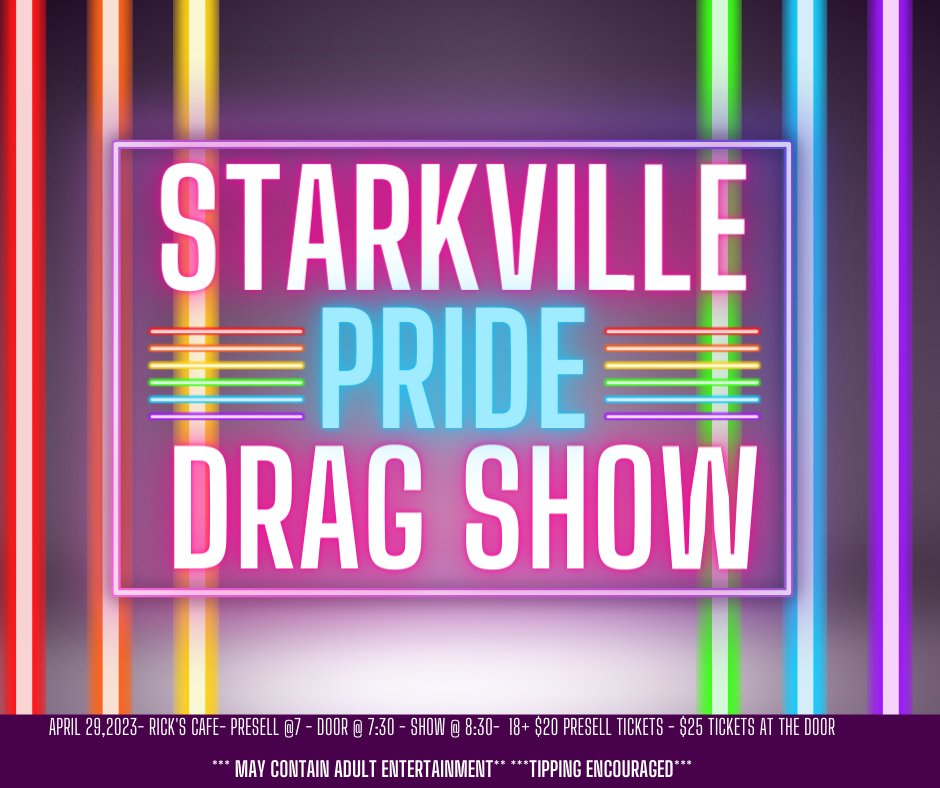 starkvillepride's tweet image. Are you all ready for a Drag Show like no other? Then get ready for Starkville Pride Drag Show on April 29th at Rick's Cafe! Get your tickets early for $20 -&amp;gt; rickscafe.net/event/13115195… Want a VIP experience? For $75 you get early admission and a photo op with the performers. #Pride