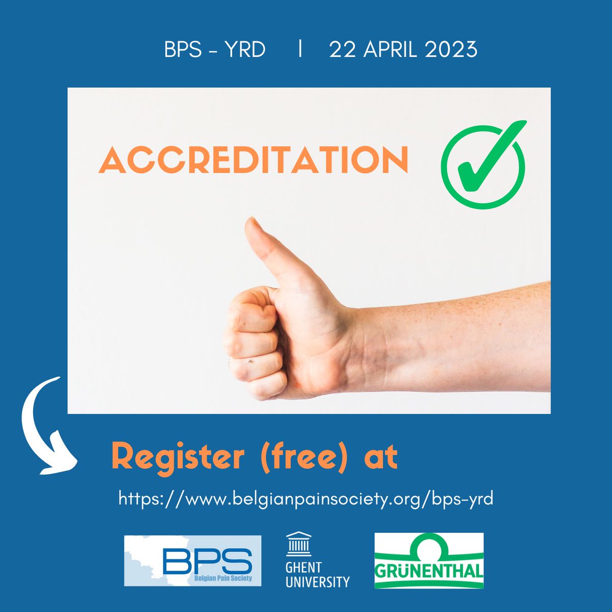 Are you interested in the latest scientific developments in the origin, evaluation and treatment of pain conditions?
👉 Register for the <a href="/bps_yrd/">Belgian Pain Society Young Researchers Day BPS-YRD</a> on 22/4/2023 in Ghent! ⏩belgianpainsociety.org/bps-yrd
Pro-Q-Kine (physio's) &amp; RIZIV/INAMI (medical doctors) accredited ✅