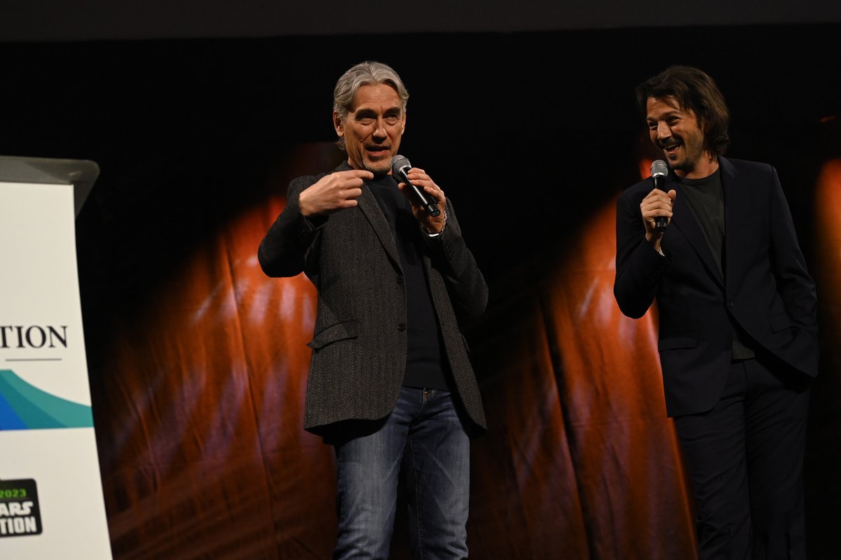 Diego Luna, Adria Ajorna, Kyle Soller, Genevieve O’Reilly, Denise Gough, Andy Serkis and Tony Gilroy of #Andor join together at #StarWarsCelebration.