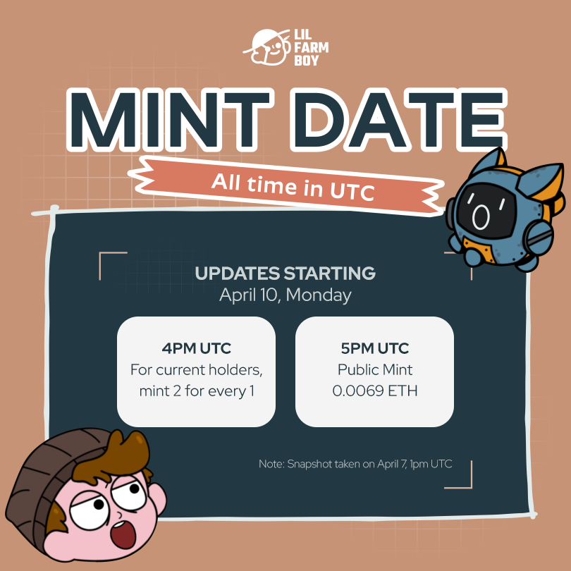 LET IT BE KNOWN! ✨

Here are the updated mint details coming on April 10, Monday! Make sure to let the holders and your communities know! 🗓️

Why mint?
✅Engage-to-earn will be rolling out very soon
✅Free on-chain custom art from will be starting next week 
✅Get to experience