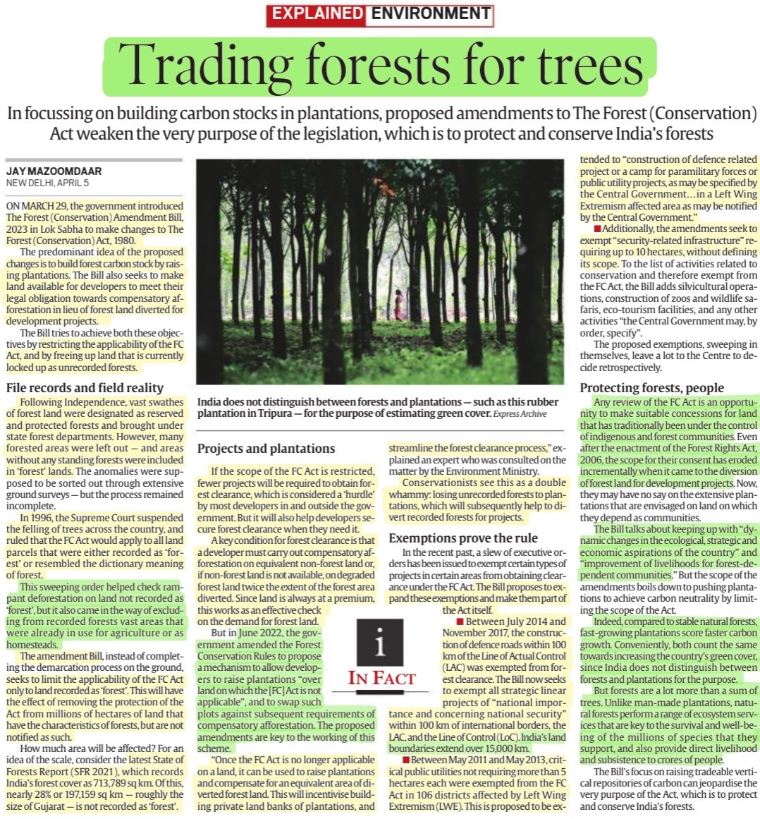 'Trading Forests for Trees'
Proposed amendments to the Forest (Conservation) Act
:Details

#Forests #conservation #ForestAct #ForestProtection
#trees #CarbonStock #Plantations #development #CarbonFootprint 
#ClimateAction #green

#UPSC #UPSC2023 #upscaspirants 

Source: IE