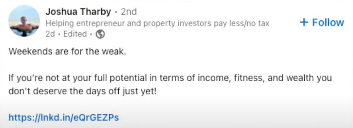 goodworkmb's tweet photo. Weekends are for the weak.

You don't deserve a day off.

Want to maximize your full potential in terms of income, fitness, and wealth?

Watch our new case study on LinkedIn cringe: https://t.co/qmN8lHOdtN https://t.co/Em0wXfrmoP