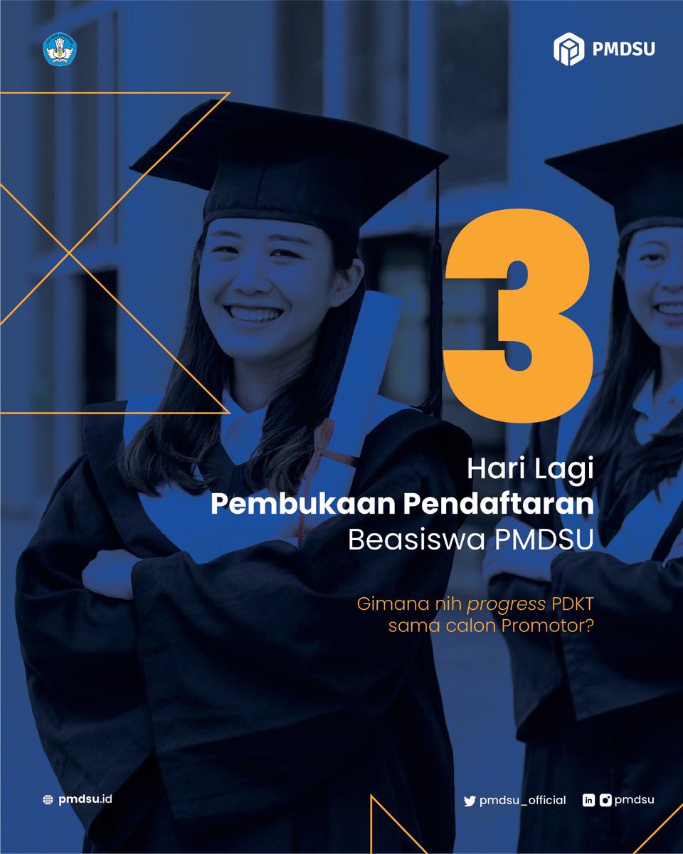 3 hari lagi menjelang pembukaan pendaftaran program beasiswa PMDSU batch VII tahun 2023!

Mari bersiap menjadi doktor muda yang mengharumkan nama Bangsa Indonesia! 🔥

#PMDSU #PKPI #Kemdikbud #FastTrack #ManagemenTalenta #PrioritasNasional #DitjenDikti