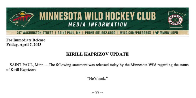 Kirill Kaprizov is back graphic