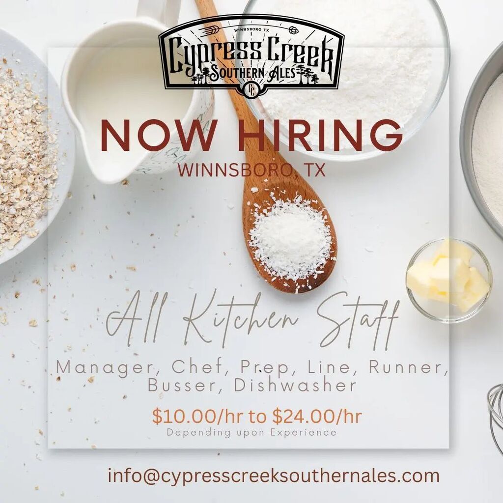 Cypress Creek Southern Ales is a Brewery &amp; Winery located on Market St on the Bowery square in Winnsboro TX.

We are looking for talented team members to be on the ground floor of a new casual atmosphere, social dining establishment. 

APPLY TODAY by ema… instagr.am/p/CqvaNTlusZY/