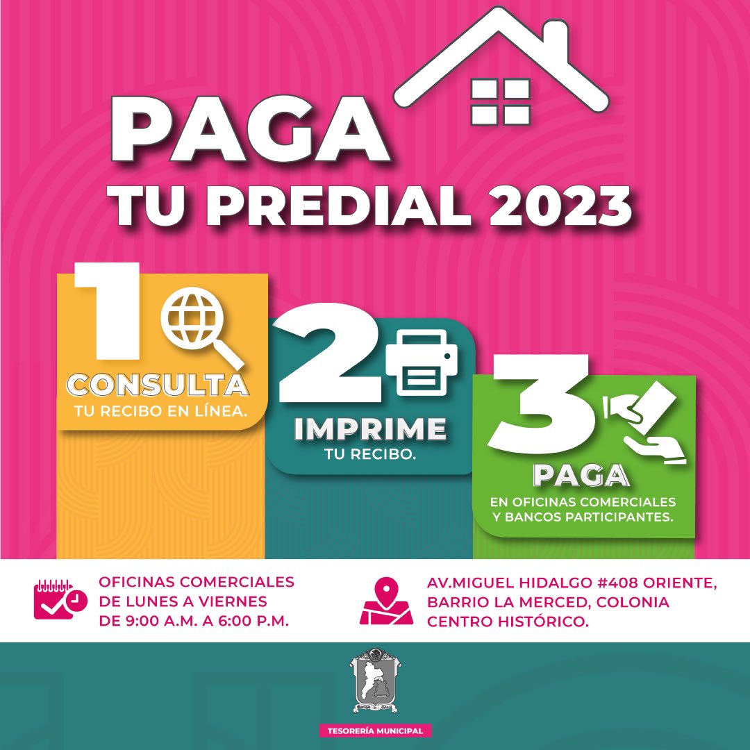TolucaGob's tweet photo. #Predial2023 🏡 | Consulta el monto a pagar de tu predial en línea. 👩🏻💻
Te esperamos en la Tesorería Municipal de Toluca, ubicada sobre Hidalgo #408 poniente, de 🗓 lunes a viernes, en un horario de ⏰ 9:00 A.M. a 6:00 P.M.
Para más información ingresa a: https://t.co/w6k184zkiA https://t.co/9LxpNNRjDa