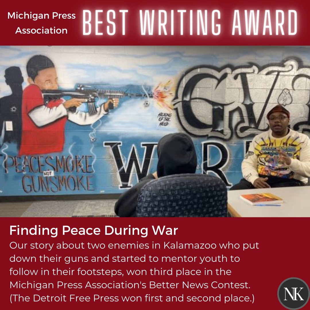 NowKalamazoo's tweet photo. A decade ago, two enemies in Kalamazoo put down their guns. We told their story in “Finding Peace During War” which the Michigan Press Association (MPA) recognized with a third-place award for Best Writing in the state. https://t.co/W5eVDvRG3N