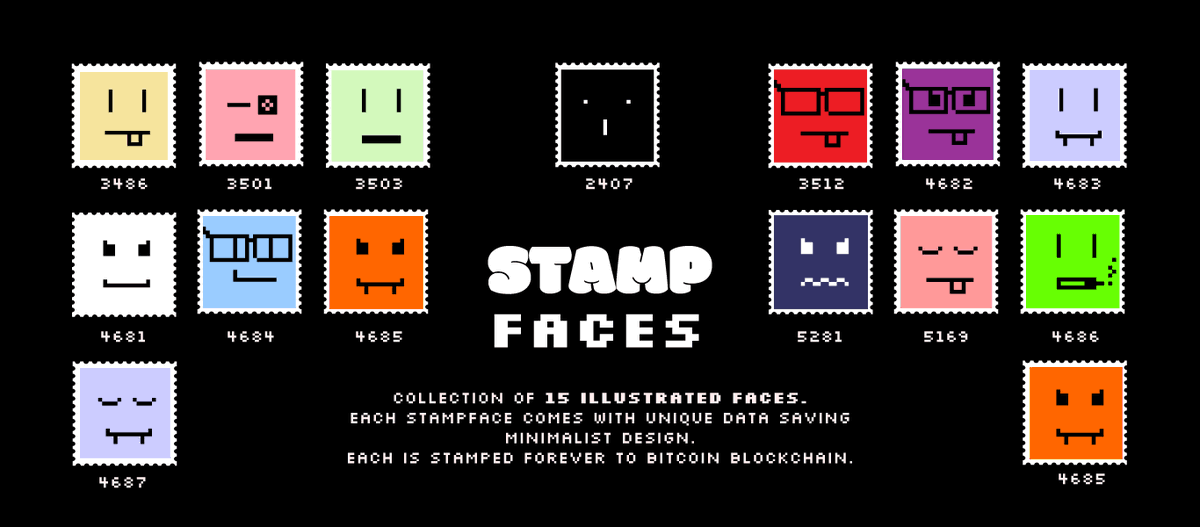 Alr #stamp frens, time to reveal our Stamp gang.
Here are Stampfaces, 15 carefully designed faces, in ultra reductive cuteness style 😀😀😀.
#BTC #stamps