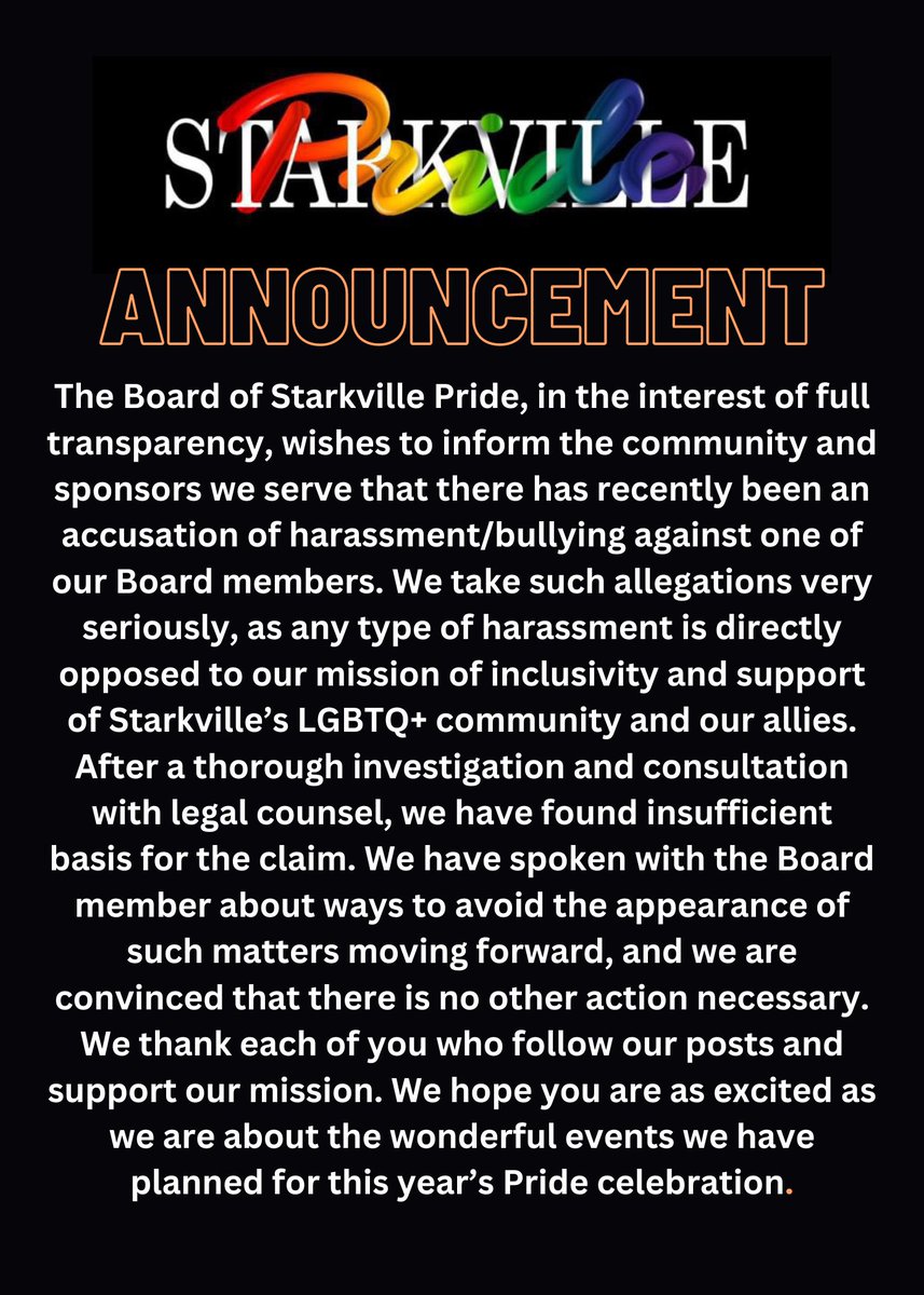 The following is an announcement from the Board of Starkville Pride.

#StarkvillePride