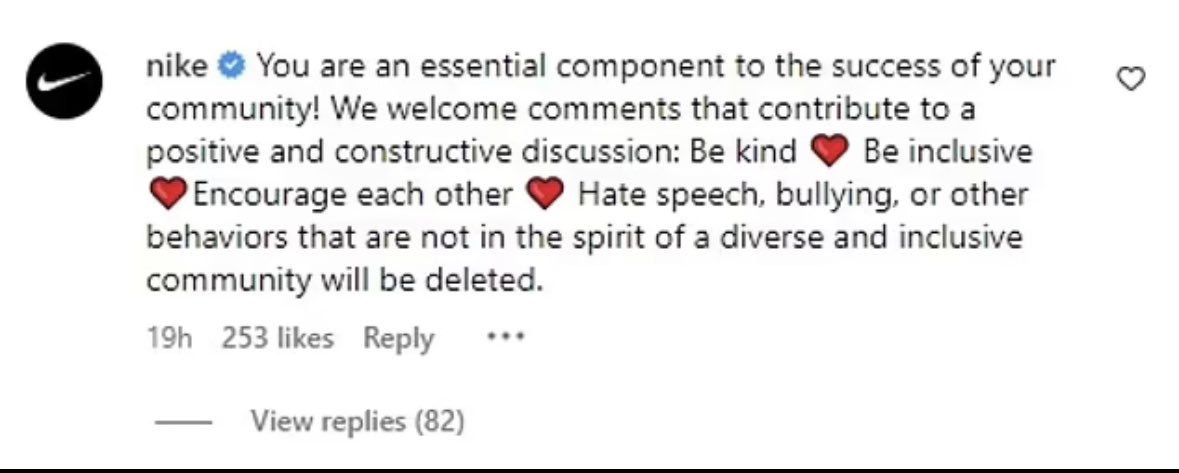 Nike issues first response since causing uproar for featuring Dylan Mulvaney as the new Nike Women’s Sports Ambassador. 

In a comment posted on Instagram, Nike announced they will censor and delete comments by anyone that is critical of a MAN promoting Women’s Bras! 

They also