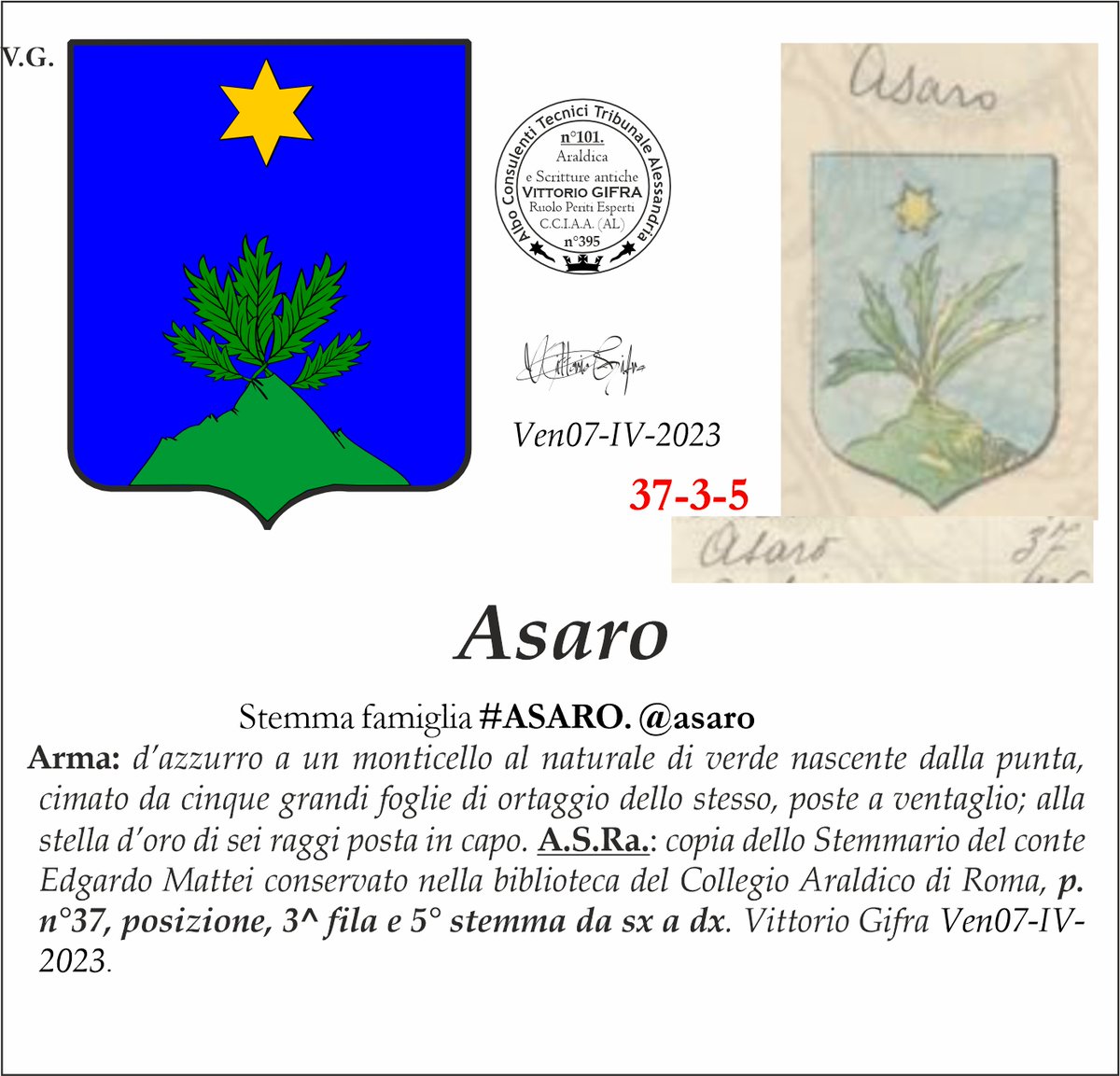 VGIFRA's tweet photo. Stemma famiglia #ASARO. @asaro
A.S.Ra.: copia dello Stemmario del conte Edgardo Mattei conservato nella biblioteca del Collegio Araldico di Roma, p. n°37, posizione, 3^ fila e 5° stemma da sx a dx. Vittorio Gifra Ven07-IV-2023. https://t.co/TDIrxksa6y