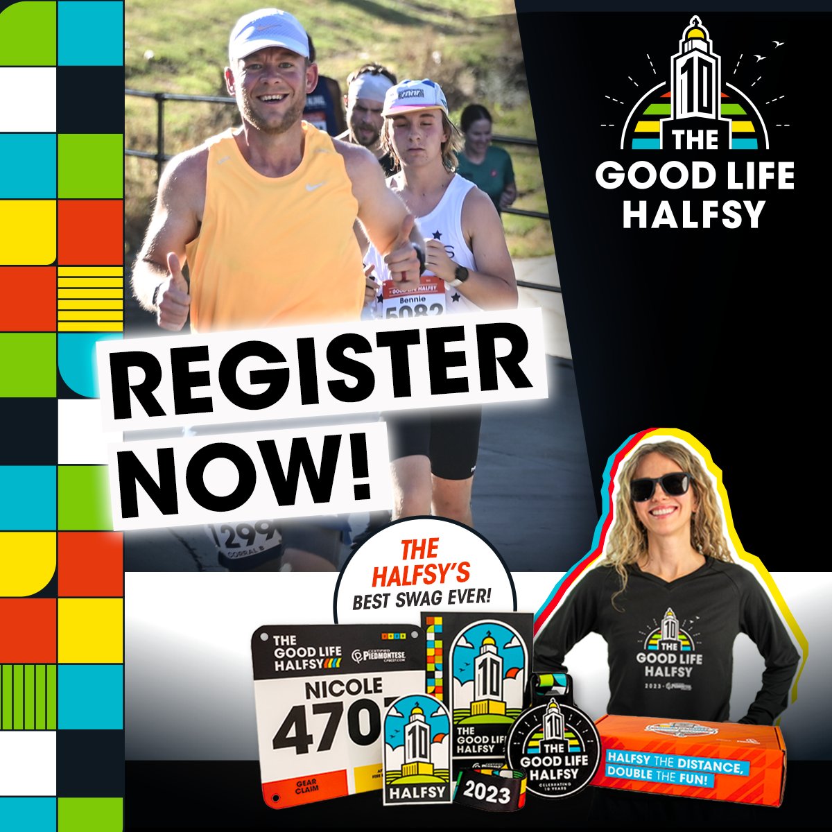 Runners: Registration is NOW OPEN for the 2023 Good Life Halfsy presented by Certified Piedmontese Beef!  This is our 10th anniversary and will be the BIGGEST and BEST Halfsy ever!!
Race Day is Sunday, November 5, 2023!
Join us: goodlifehalfsy.com