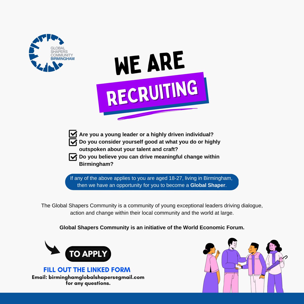 BirminghamGSC's tweet image. Are you aged 18-27, a leader, and passionate about making a positive impact within your community? 🤔

Join us at the Birmingham Global Shapers Hub, where we&apos;re all about taking action and driving change. 💪

APPLY below👇 

Link: tinyurl.com/applyBGShaper

#GlobalShapers 🌍