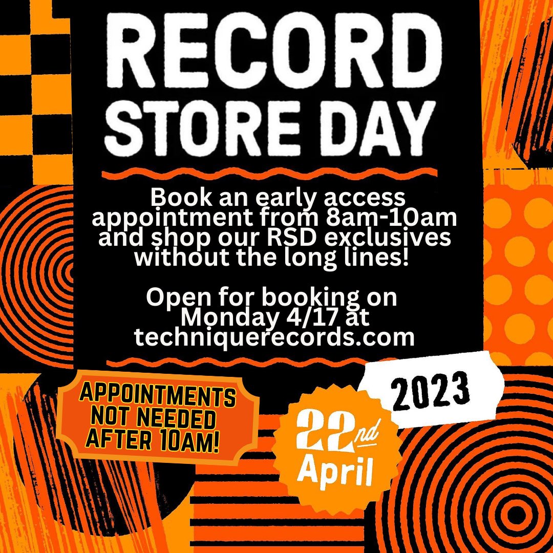 techniquerecs's tweet image. Skip the long lines on Record Store Day this April 22nd. Book an Early Access Appointment to shop RSD Exclusives at techniquerecords.com 

🔔 Be the first to get an alert when they open for booking on Monday 4/17 to your email. Subscribe to our e-newsletter on our website now.