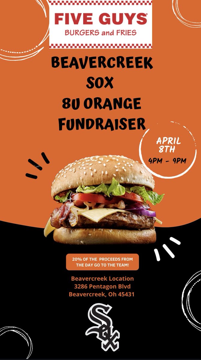 Come out and support the Sox 8u Orange Team at their fundraiser on Saturday from 4 to 9 pm @FiveGuys  near the Mall at Fairfield Commons. #SoxPride