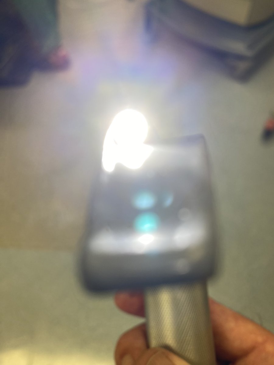 AirwayMxAcademy's tweet photo. Why do companies that manufacture laryngoscopy blades think we use more and more and brighter LED lights? Today I used a disposable Macintosh blade for RSI direct laryngoscopy and because the light reflected on saliva, I could not see the glottis at all until I suctioned the larynx dry. I will need 🕶️ for my next intubation #wedonotneedmorelight @jducanto @airwayGladiator @NaveenEipe @fibroanestesia @bobfunn @cliffreid @EM_RESUS @maffygirl
